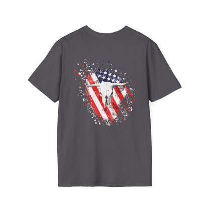Unisex Softstyle T-Shirt with American Flag and Skull Design - Perfect for Summer Celebrations