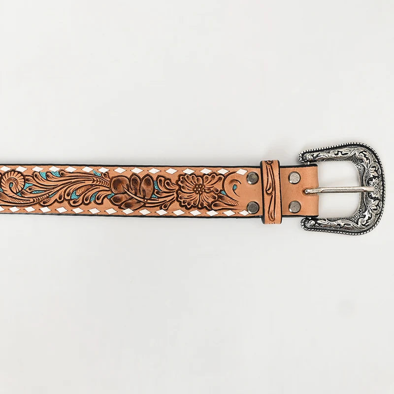 LC-ADBLF258 Tan Floral Tooled Leather Belt with Turquoise Accents and Whipstitch Edge