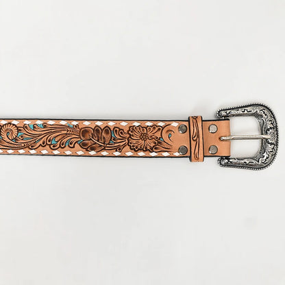 LC-ADBLF258 Tan Floral Tooled Leather Belt with Turquoise Accents and Whipstitch Edge