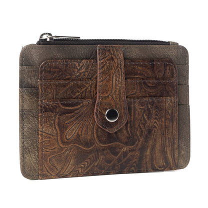 Driftwood Cove Embossed Leather Credit Card Holder in Olive Brown