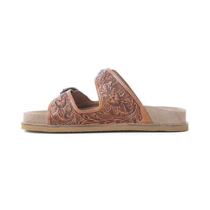 Desert Fern Handtooled Leather Sandals in Autumn Tan
