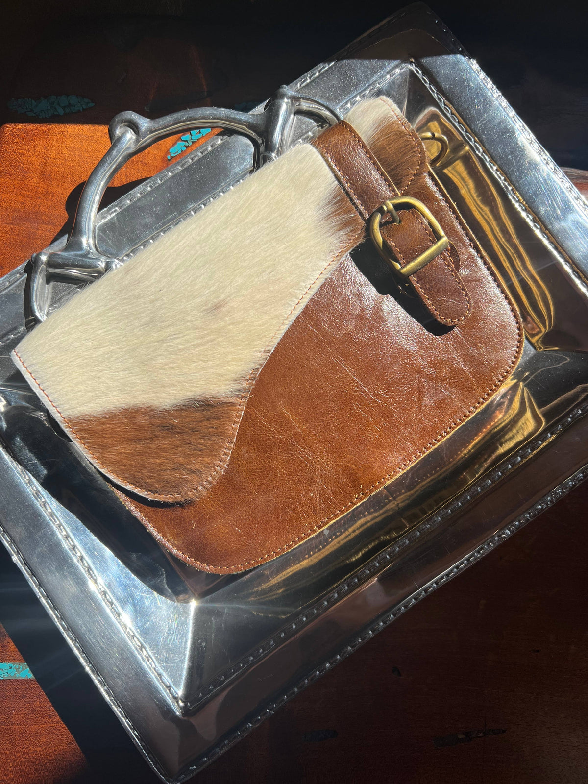 English Saddle Equestrian Hair On Cowhide Crossbody Purse