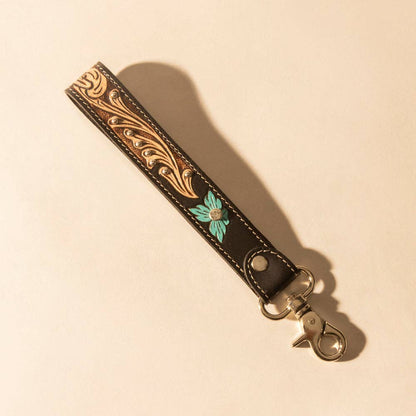 Wildhue Western Key Fob in black with turquoise floral handtooled detail