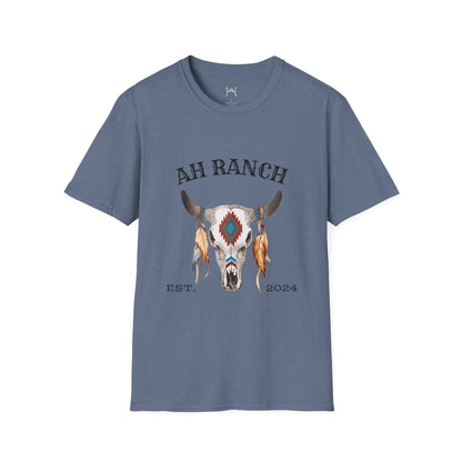 AH Ranch Unisex Softstyle T-Shirt - Vintage Boho Cow Skull Design