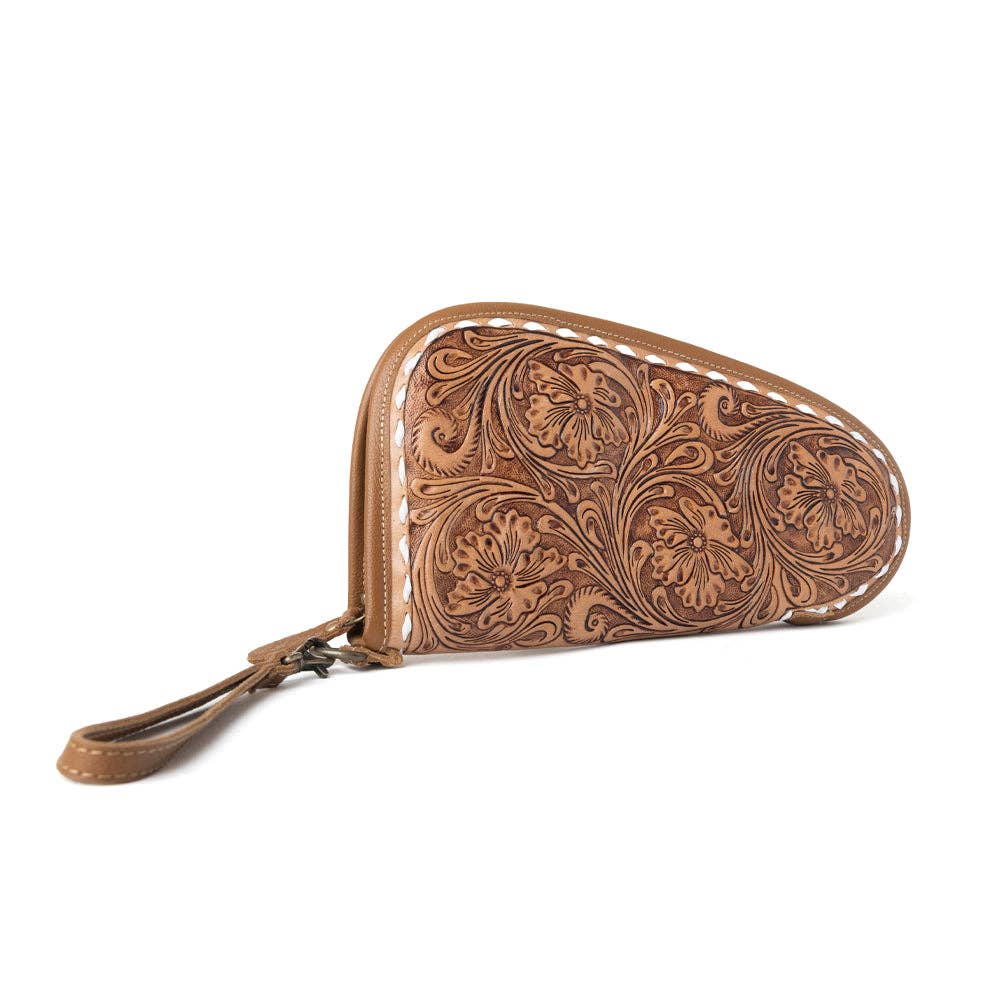 Bronzefall Handtooled Leather Gun Case in Saddle Tan