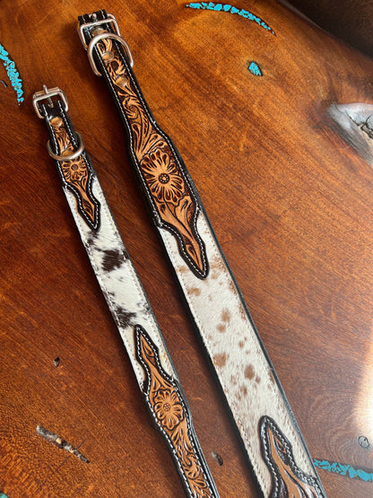 Western Tooled Leather Cowhide Dog Collar