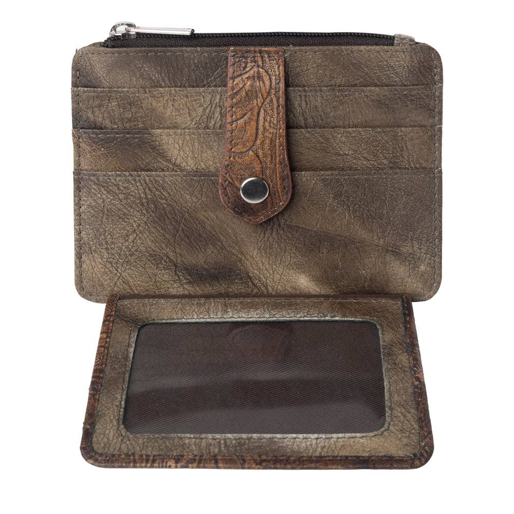 Driftwood Cove Embossed Leather Credit Card Holder in Olive Brown