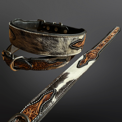 Western Tooled Leather Cowhide Dog Collar