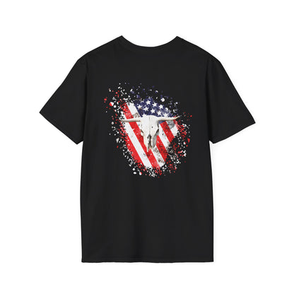 Unisex Softstyle T-Shirt with American Flag and Skull Design - Perfect for Summer Celebrations