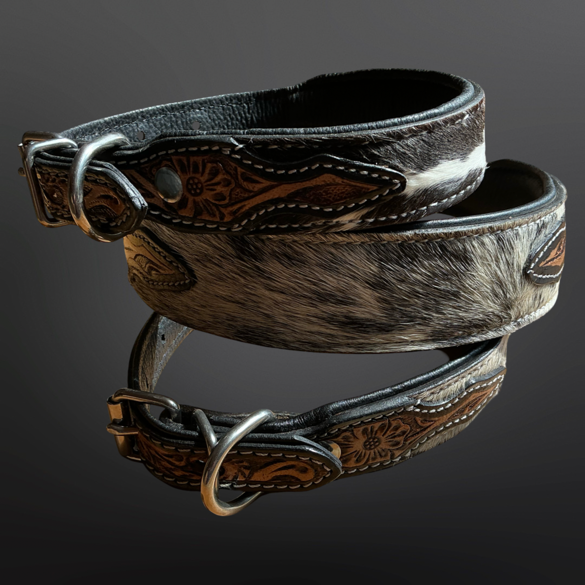 Western Tooled Leather Cowhide Dog Collar