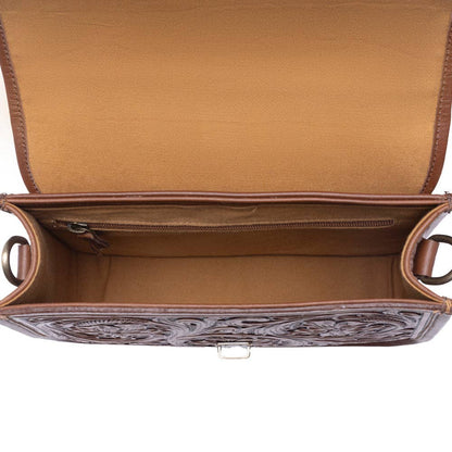 Duchess Hairon Handtooled Flap and Button Leather Satchel in Mocha Cream