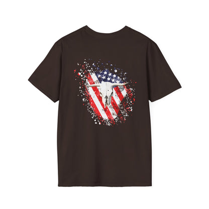 Unisex Softstyle T-Shirt with American Flag and Skull Design - Perfect for Summer Celebrations