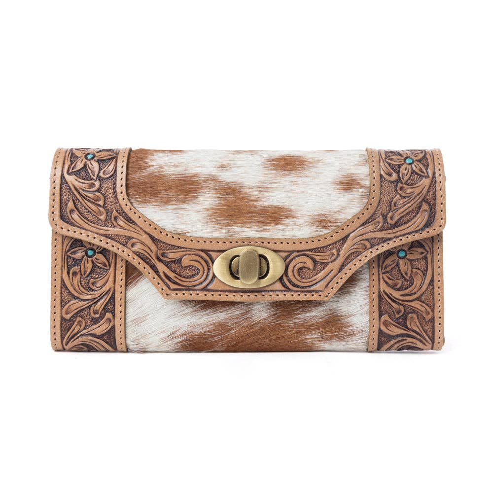 Fern Pass Handtooled Hairon Leather Women’s Wallet in Warm Caramel