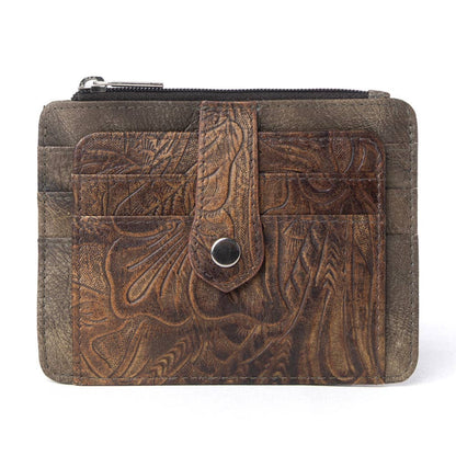 Driftwood Cove Embossed Leather Credit Card Holder in Olive Brown