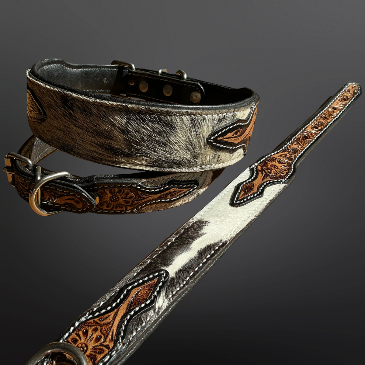 Western Tooled Leather Cowhide Dog Collar