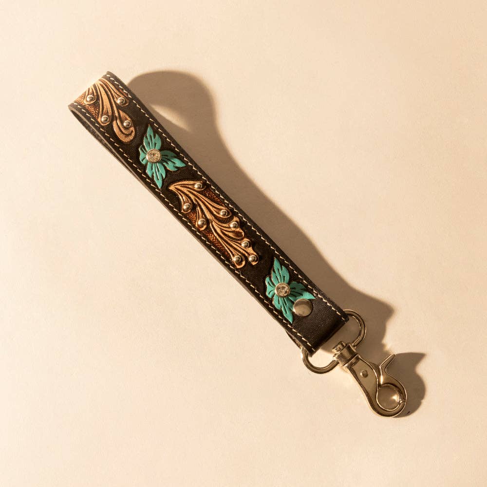 Wildhue Western Key Fob in black with turquoise floral handtooled detail