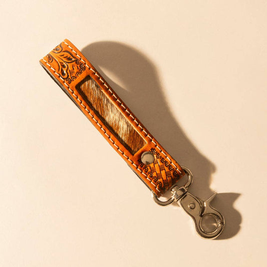 Hide Inlay Western Key Fob in brown with basketweave detail