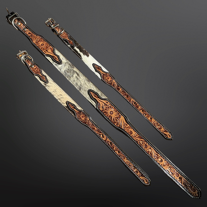 Western Tooled Leather Cowhide Dog Collar