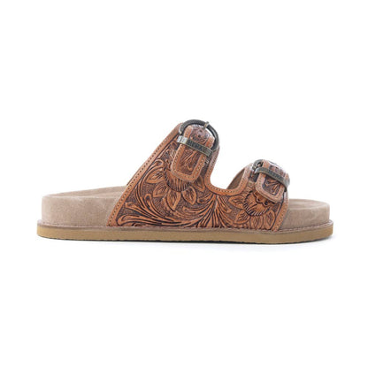 Desert Fern Handtooled Leather Sandals in Autumn Tan