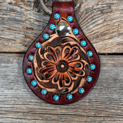Floral Turquoise Studded Leather Key Chain