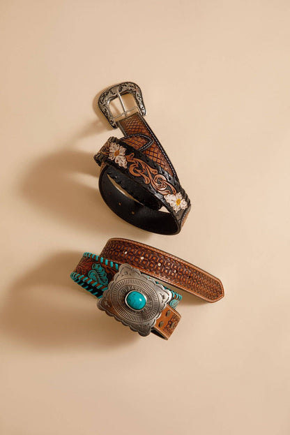 Checkered brown  Hand-Tooled  Leather Women's Belt