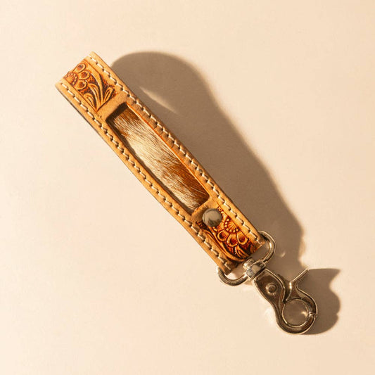 Hide Inlay Western Key Fob in creme with floral detail